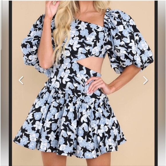 Sofie the Label Floral Cutout Side Puff Sleeve Mini Dress Black Size S - Picture 2 of 12